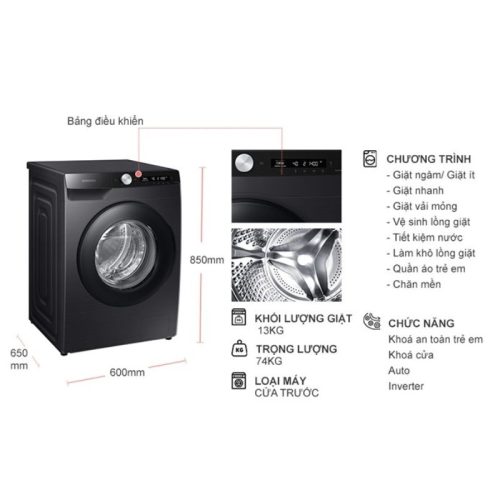 kich thuoc may may giat samsung inverter 13 kg ww13t504dab cua truoc