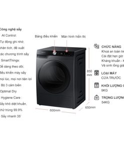 kich thuoc may say bom nhiet samsung ai inverter 9 kg dv90t7240bb sv