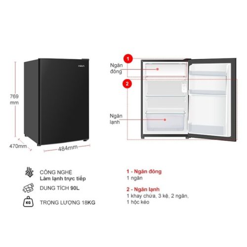 Tủ Lạnh 1 cánh mini 90 Lít Aqua AQR-D100FA(BS) 7 kich thuoc tu lanh 1 canh mini 90 lit aqua aqr d100fabs