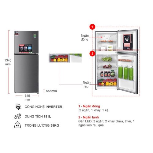 Tủ Lạnh 2 cánh Inverter 181 Lít Sharp SJ-X198V-SL 7 kich thuoc tu lanh 2 canh inverter 181 lit sharp sj x198v sl