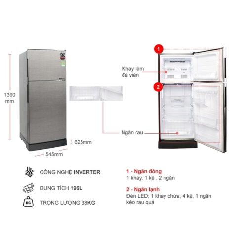 Tủ Lạnh 2 cánh Inverter 196 Lít Sharp SJ-X201E-DS 7 kich thuoc tu lanh 2 canh inverter 196 lit sharp sj x201e ds