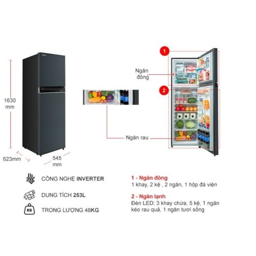 Tủ Lạnh 2 cánh Inverter 253 Lít Toshiba GR-RT329WE-PMV(52) 7 kich thuoc tu lanh 2 canh inverter 253 lit toshiba gr rt329we pmv52