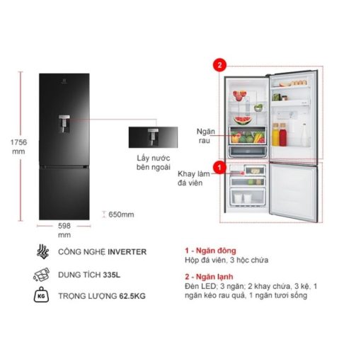 Tủ Lạnh 2 cánh Inverter 335 Lít Electrolux EBB3742M-H - Ảnh 3