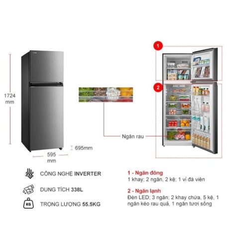 Tủ Lạnh 2 cánh Inverter 338 Lít Toshiba GR-RT468WE-PMV(58)-MM 7 kich thuoc tu lanh 2 canh inverter 338 lit toshiba gr rt468we pmv58 mm