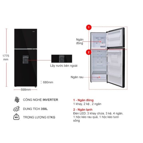 Tủ Lạnh 2 cánh Inverter 358 Lít Aqua AQR-T410FA(WGB) 7 kich thuoc tu lanh 2 canh inverter 358 lit aqua aqr t410fawgb