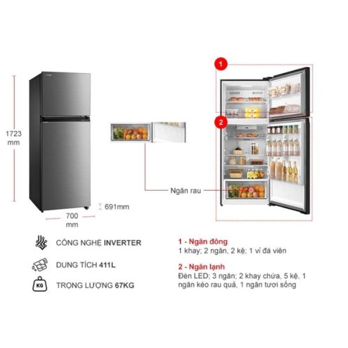 Tủ Lạnh 2 cánh Inverter 411 Lít Toshiba GR-RT559WE-PMV(58)-MM 7 kich thuoc tu lanh 2 canh inverter 411 lit toshiba gr rt559we pmv58 mm