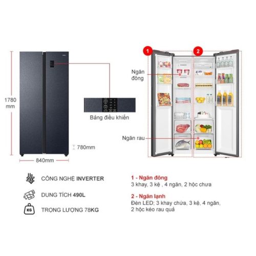 Tủ Lạnh 2 cánh side by side Inverter 490 Lít Aqua AQR-S552XA(CBC) 7 kich thuoc tu lanh 2 canh side by side inverter 490 lit aqua aqr s552xacbc
