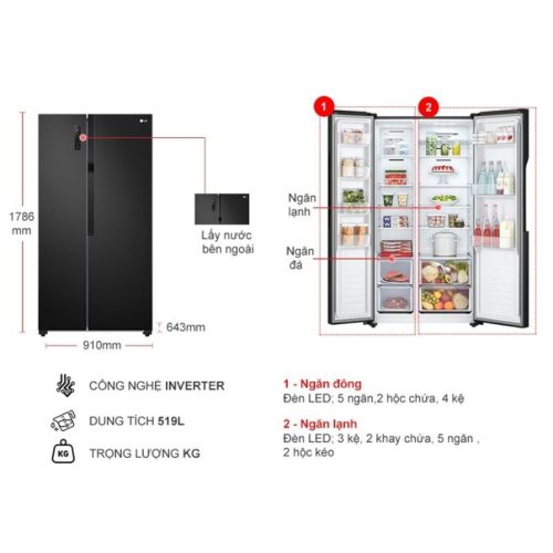 kich thuoc tu lanh 2 canh side by side inverter 519 lit lg gr b256bl