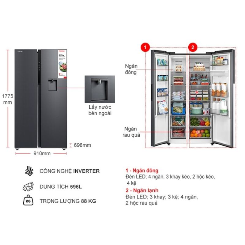 Tủ Lạnh 2 cánh side by side Inverter 596 Lít Toshiba GR-RS775WI-PMV(06)-MG 5 Tủ Lạnh 2 cánh side by side Inverter 596 Lít Toshiba GR-RS775WI-PMV(06)-MG - Ảnh 3