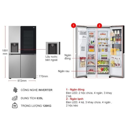 kich thuoc tu lanh 2 canh side by side inverter 635 lit lg gr g257sv