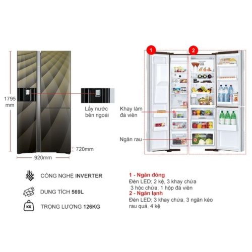 kich thuoc tu lanh 3 canh side by side inverter 569 lit hitachi r fm800xaggv9x dia