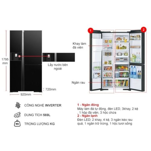 kich thuoc tu lanh 3 canh side by side inverter 569 lit hitachi r mx800gvgv0 gbk