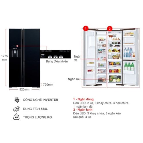 kich thuoc tu lanh 3 canh side by side inverter 584 lit hitachi r fm800gpgv2 gbk