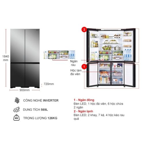 kich thuoc tu lanh 4 canh multi door inverter 569 lit hitachi r wb640vgv0x mir