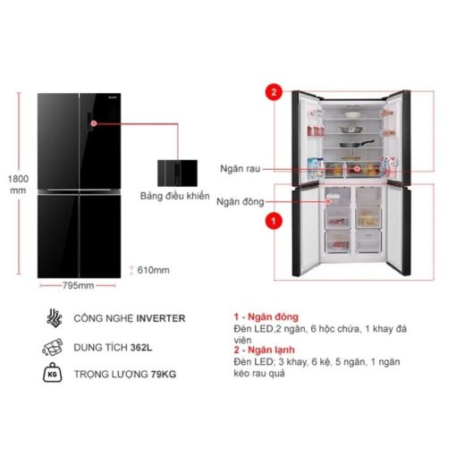 Tủ Lạnh 4 cánh Multi doors Inverter 362 Lít Sharp SJ-FX420VG-BK - Ảnh 3