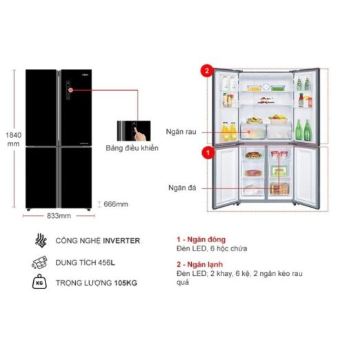 Tủ Lạnh 4 cánh Multi doors Inverter 456 Lít Aqua AQR-IG525AM (GB) 7 kich thuoc tu lanh 4 canh multi doors inverter 456 lit aqua aqr ig525am gb