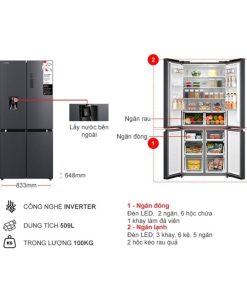 kich thuoc tu lanh 4 canh multi doors inverter 509 lit toshiba gr rf605wi pmv06 mg