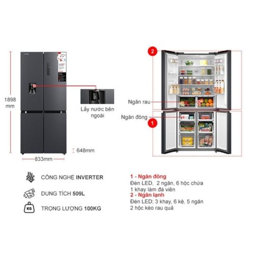 Tủ Lạnh 4 cánh Multi doors Inverter 509 Lít Toshiba GR-RF605WI-PMV(06)-MG 7 kich thuoc tu lanh 4 canh multi doors inverter 509 lit toshiba gr rf605wi pmv06 mg