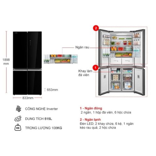Tủ Lạnh 4 cánh Multi doors Inverter 515 Lít Toshiba GR-RF665WIA-PGV(22)-XK 7 kich thuoc tu lanh 4 canh multi doors inverter 515 lit toshiba gr rf665wia pgv22 xk