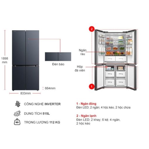 Tủ Lạnh 4 cánh Multi Doors Inverter 515 Lít Toshiba GR-RF670WI-PGV(A9)-BG - Ảnh 3