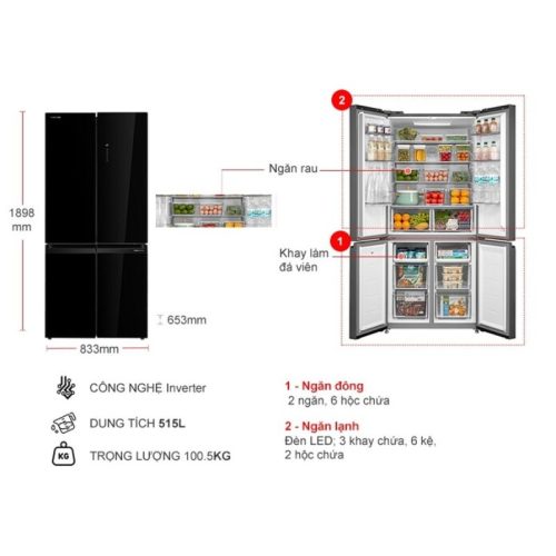 Tủ Lạnh 4 cánh Multi Doors Inverter 515 Lít Toshiba GR-RF677WI-PGV(22)-XK 7 kich thuoc tu lanh 4 canh multi doors inverter 515 lit toshiba gr rf677wi pgv22 xk