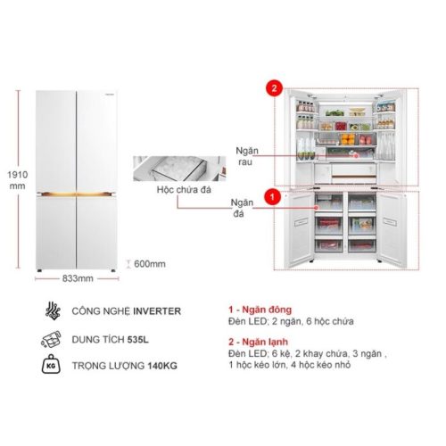Tủ Lạnh 4 cánh Multi doors Inverter 535 Lít Toshiba GR-RF695WI-PGV(67) 7 kich thuoc tu lanh 4 canh multi doors inverter 535 lit toshiba gr rf695wi pgv67