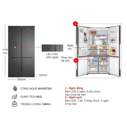 Tủ Lạnh 4 cánh Multi Doors Inverter 562 Lít Electrolux EQE5660A-B - Ảnh 3