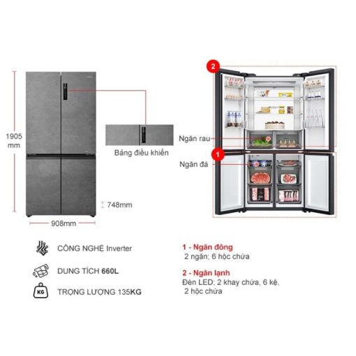 Tủ Lạnh 4 cánh Multi Doors Inverter 660 Lít Aqua AQR-M727XA(GS)U1 - Ảnh 3