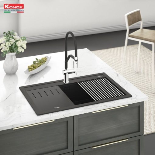 Chậu rửa bát đá 1 hố Konox Terra 790S Black - Ảnh 2