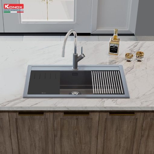 Chậu rửa bát đá 1 hố Konox Terra 860S Grey - Ảnh 2