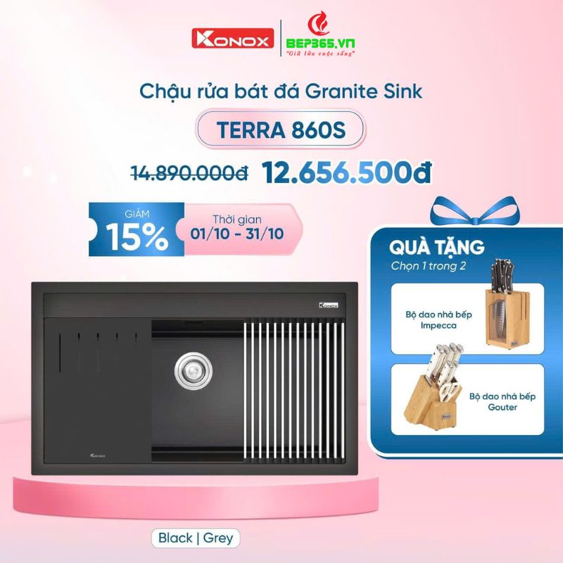 Chậu rửa bát đá 1 hố Konox Terra 860S Black