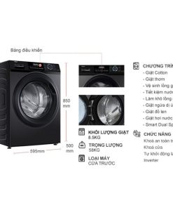 kich thuoc may giat aqua inverter 8 5 kg aqd a852j bk cua truoc