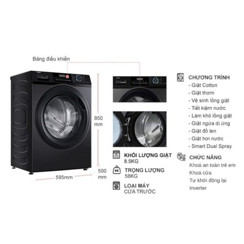 Máy Giặt Aqua Inverter 8.5 Kg AQD-A852J.BK cửa trước 8 kich thuoc may giat aqua inverter 8 5 kg aqd a852j bk cua truoc