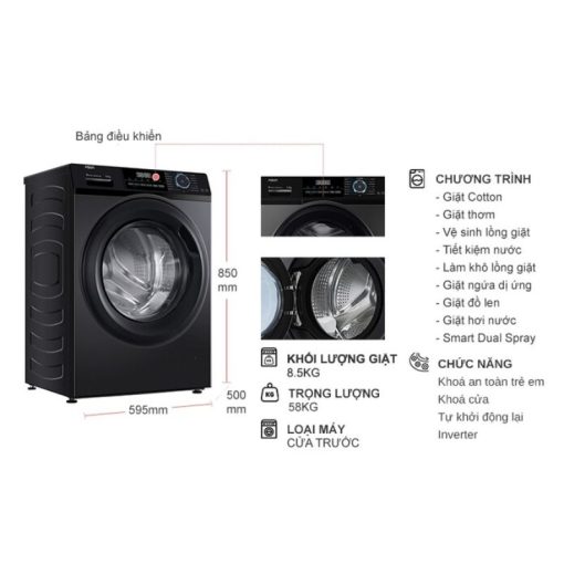 Máy Giặt Aqua Inverter 8.5 Kg AQD-A852J.BK cửa trước - Ảnh 4