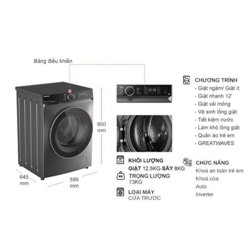Kích thước máy giặt sấy Toshiba TWD-BM135GF4V(MG) cửa trước
