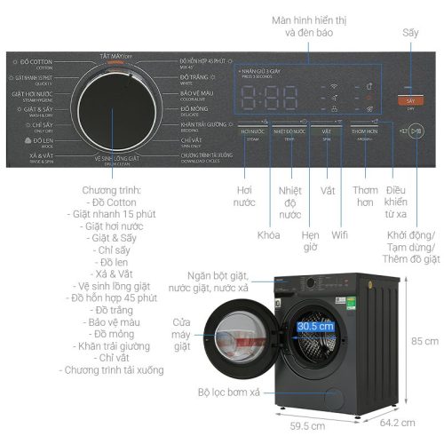 Kích thước máy giặt sấy Toshiba TWD-T21BU140UWV(MG) cửa trước