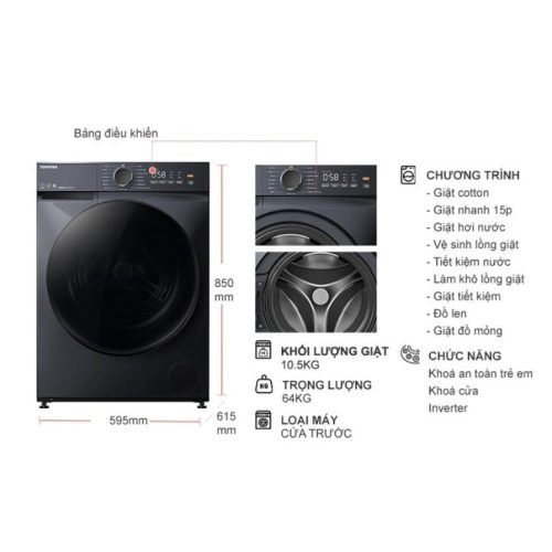 Máy giặt Toshiba 10.5 kg TW-T21BU115UWV(MG) cửa trước 9 Kích thước máy giặt Toshiba 10.5 kg TW-T21BU115UWV(MG) cửa trước