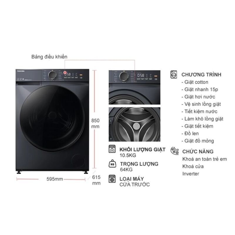 Máy giặt Toshiba 10.5 kg TW-T21BU115UWV(MG) cửa trước 6 Kích thước máy giặt Toshiba 10.5 kg TW-T21BU115UWV(MG) cửa trước