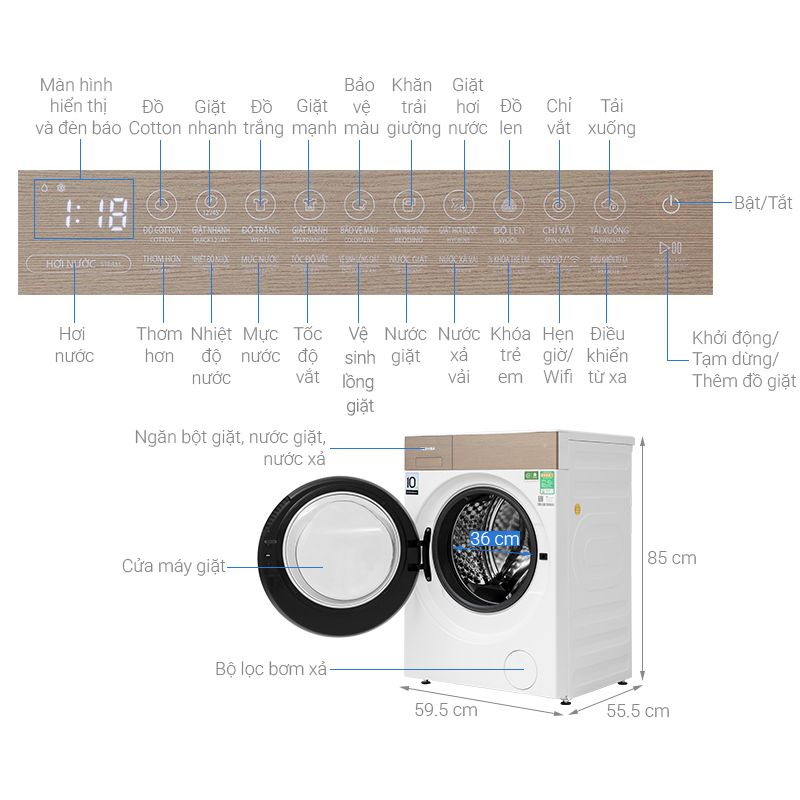 Máy giặt Toshiba 10.5 kg TW-T37BZP115MWV(WT) cửa trước 7 Kích thước máy giặt Toshiba 10.5 kg TW-T37BZP115MWV(WT) cửa trước