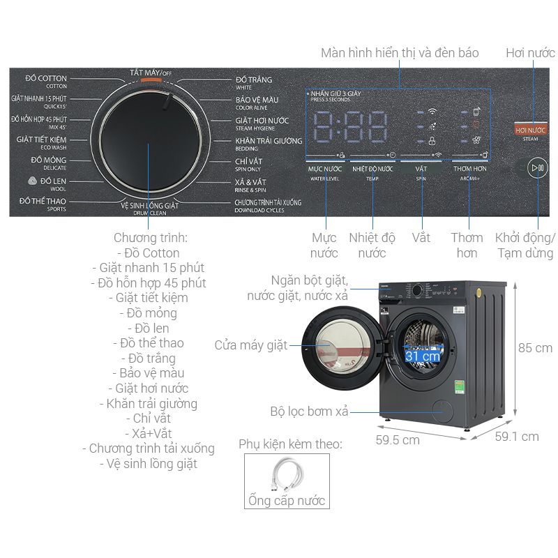 Máy giặt Toshiba 10 kg TW-T21BU110UWV(MG) cửa trước 6 Kích thước máy giặt Toshiba 10 kg TW-T21BU110UWV(MG) cửa trước