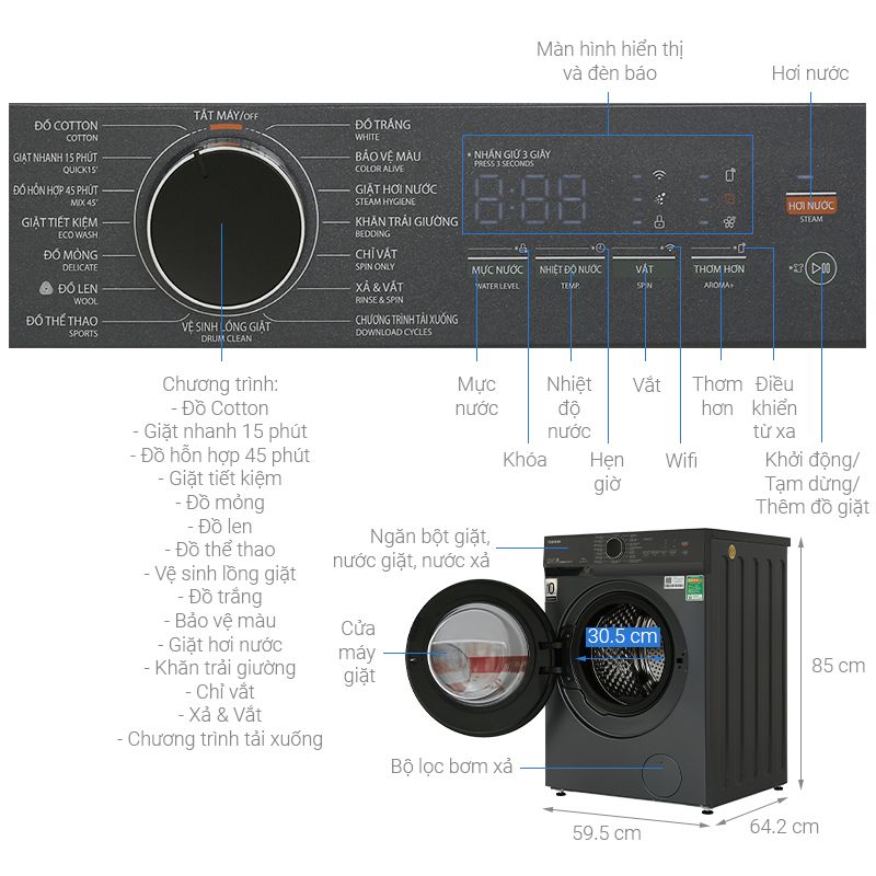 Máy giặt Toshiba 12 kg TW-T21BU130UWV(MG) cửa trước 6 Kích thước máy giặt Toshiba 12 kg TW-T21BU130UWV(MG) cửa trước