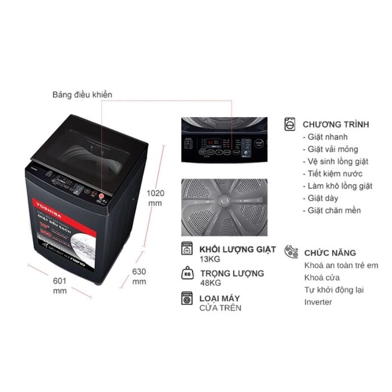 Máy giặt Toshiba 13 kg AW-DUM1400LV(MK) cửa trên 7 Kích thước máy giặt Toshiba 13 kg AW-DUM1400LV(MK) cửa trên