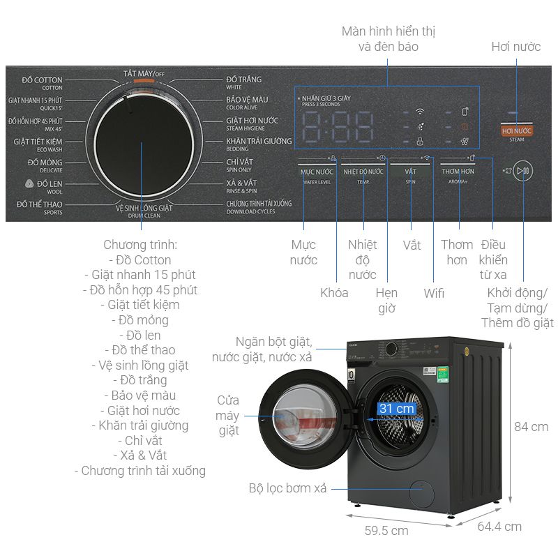 Máy giặt Toshiba 13 kg TW-T21BU140UWV(MG) cửa trước 6 Kích thước máy giặt Toshiba 13 kg TW-T21BU140UWV(MG) cửa trước