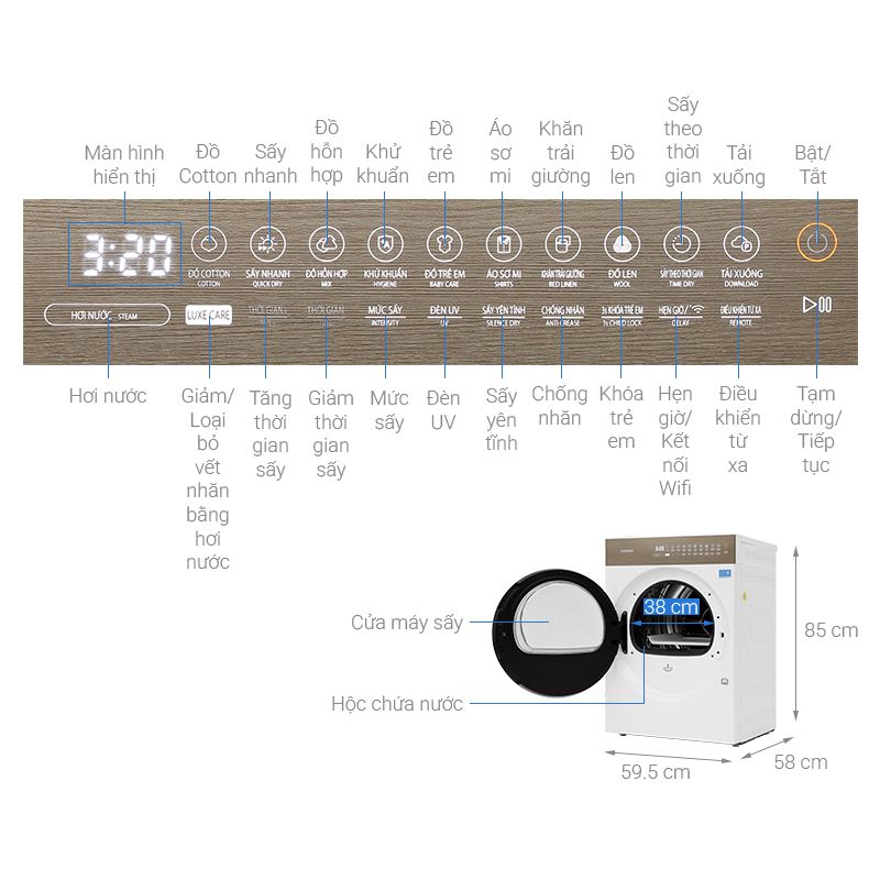 Máy sấy bơm nhiệt Toshiba 8kg TD-T37BS90HWV(WT) 7 Kích thước máy sấy bơm nhiệt Toshiba 8kg TD-T37BS90HWV(WT)