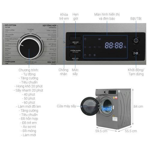 Máy sấy thông hơi Toshiba 7 kg TD-H80SEV(SK) 11 Kích thước máy sấy thông hơi Toshiba 7 kg TD-H80SEV(SK)