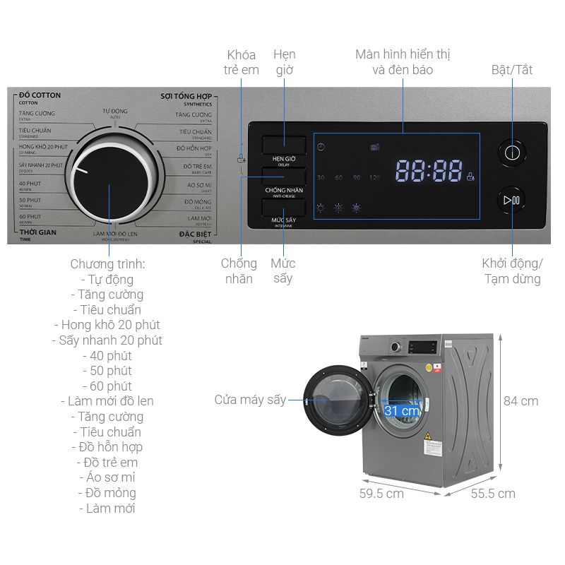 Máy sấy thông hơi Toshiba 7 kg TD-H80SEV(SK) 7 Kích thước máy sấy thông hơi Toshiba 7 kg TD-H80SEV(SK)