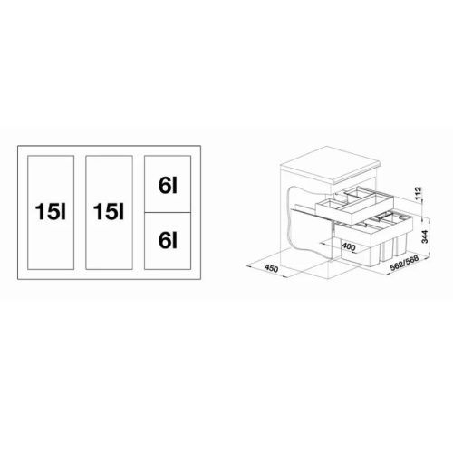 Thùng rác âm tủ Blanco Select 60/4 Organ 4 ngăn 520783 7 size thung rac am tu blanco select 604 organ 4 ngan 520783