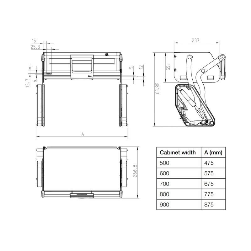 Kích thước kệ nâng hạ Hafele 504.68.374 Imove R700mm