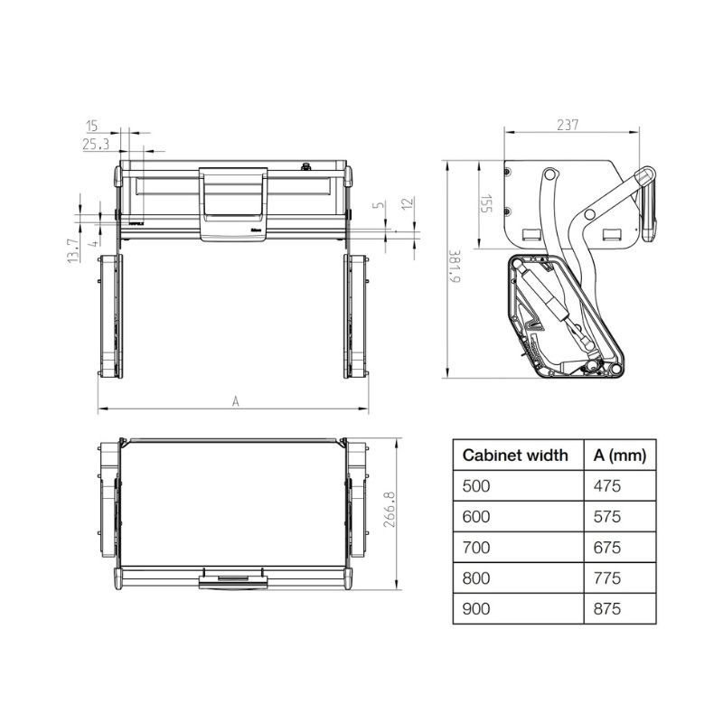 Kích thước kệ nâng hạ Hafele 504.68.376 Utensio 1 tầng 800 mm